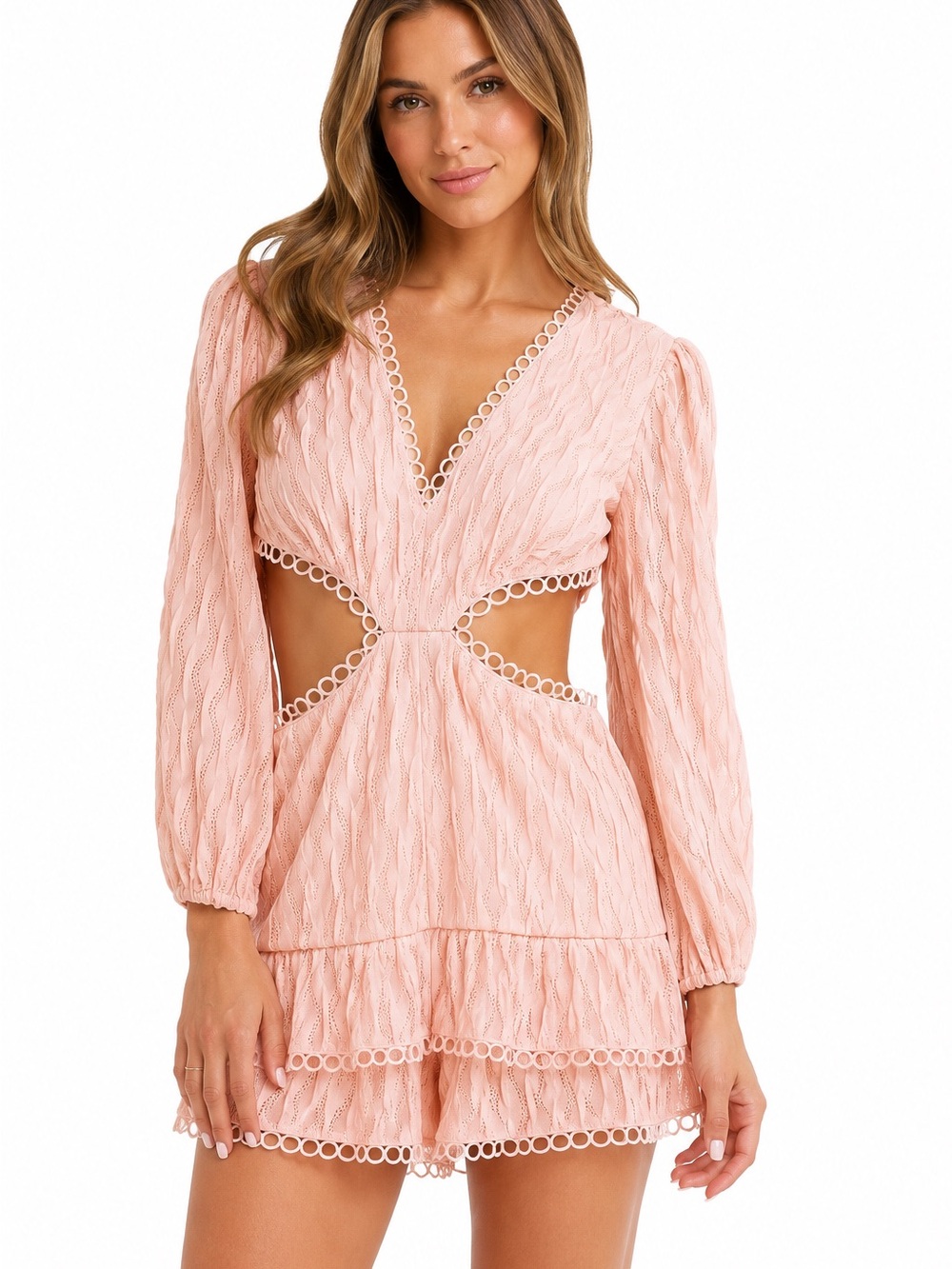 Boutique Mini Dress in Peach Whip with Crochet Trim and Side Cutouts size small
